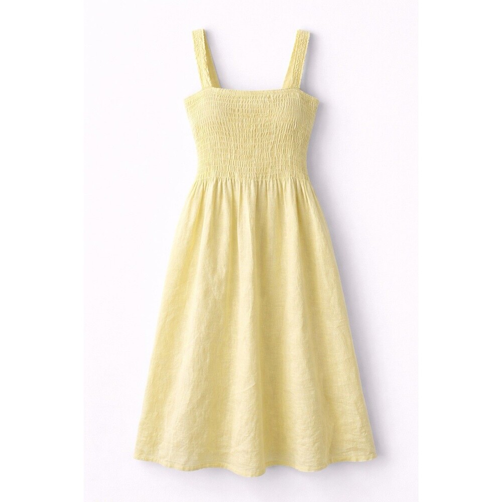Made in Italy Linen Midi Dress Women Yellow Smocked Boho Sundress Size M - Picture 3 of 16